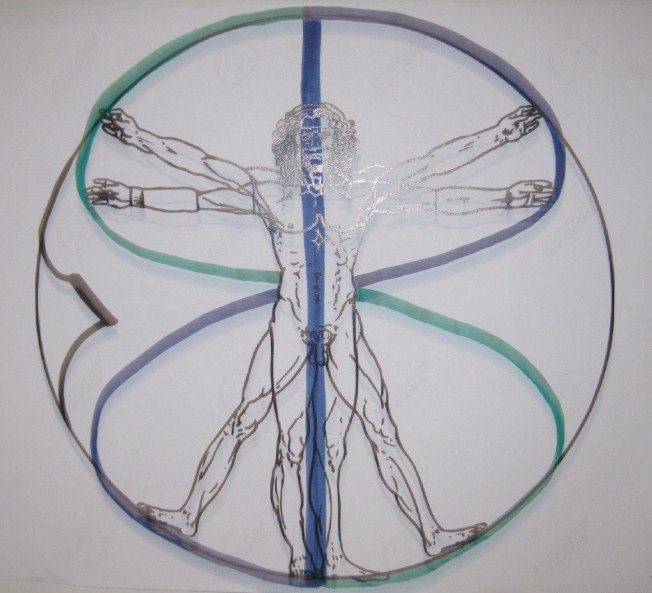 Vitruvian figure drawn within a spiral